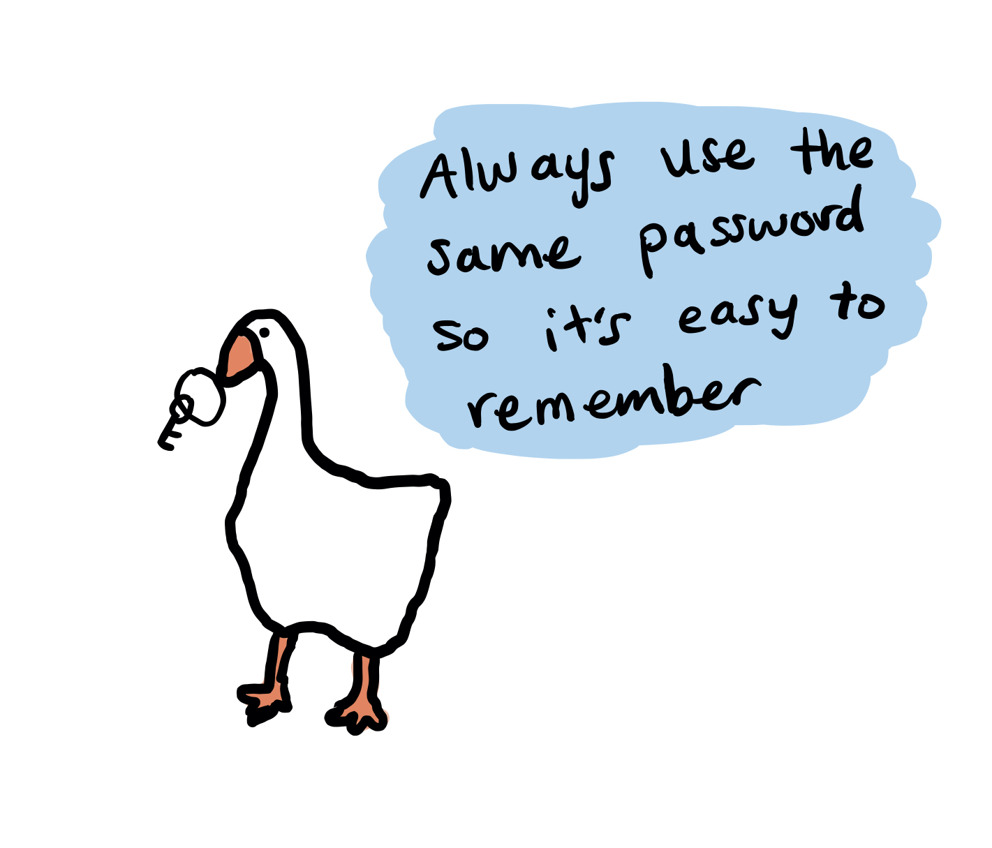 Image of a goose saying always use the same password so it's easy to remember
